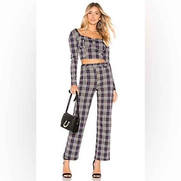 Free People Checkered Crop Top and Pants Set in Navy and Cream - Picture 2 of 16